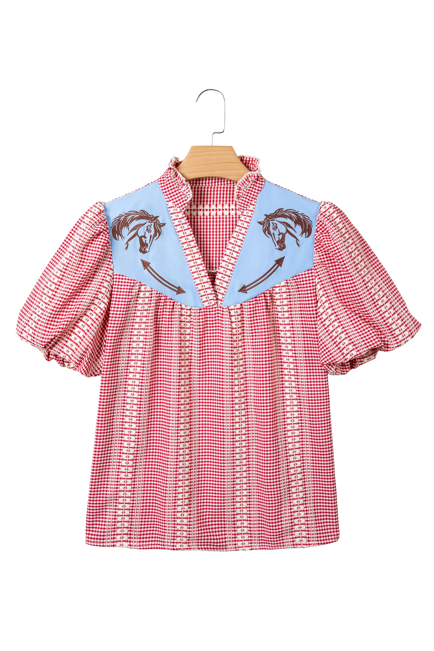 Western Pony Embroidered Yoke Puff Sleeve Gingham Blouse