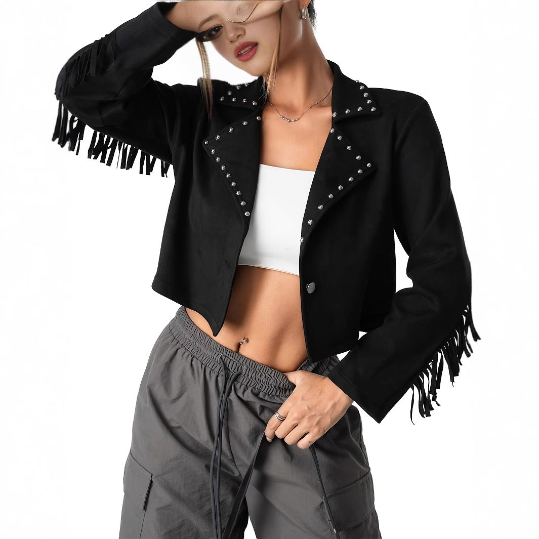 Western Denim Style Suede Fringe Imitation Rivet Women's Short Jacket Dropshipman