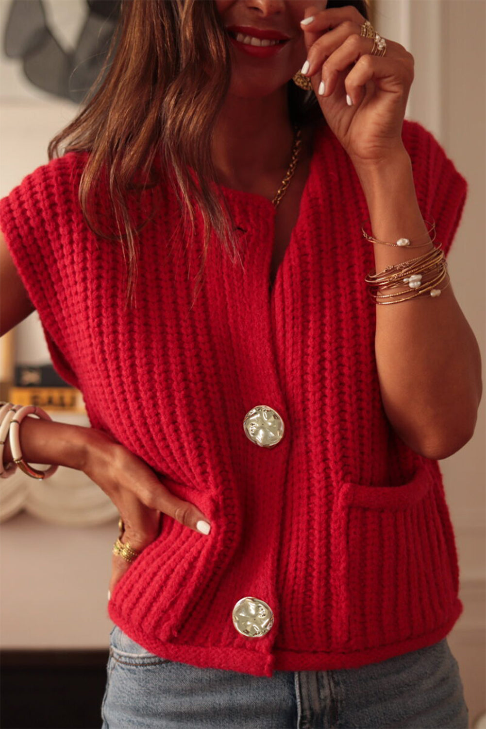 Fiery Red Solid Textured Knit Side Pockets Buttoned Sweater Vest eAura