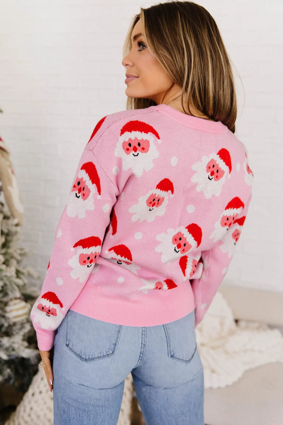 Cartoon Santa Pattern Round Neck Dropped Shoulder Sweater