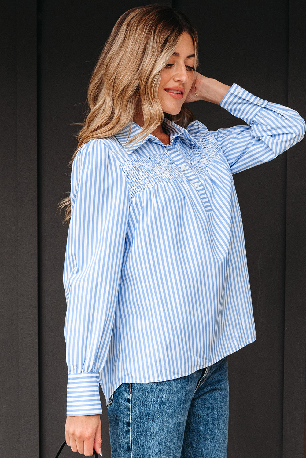 Stripe Shirred Half Placket Collared Long Sleeve Shirt - eAura