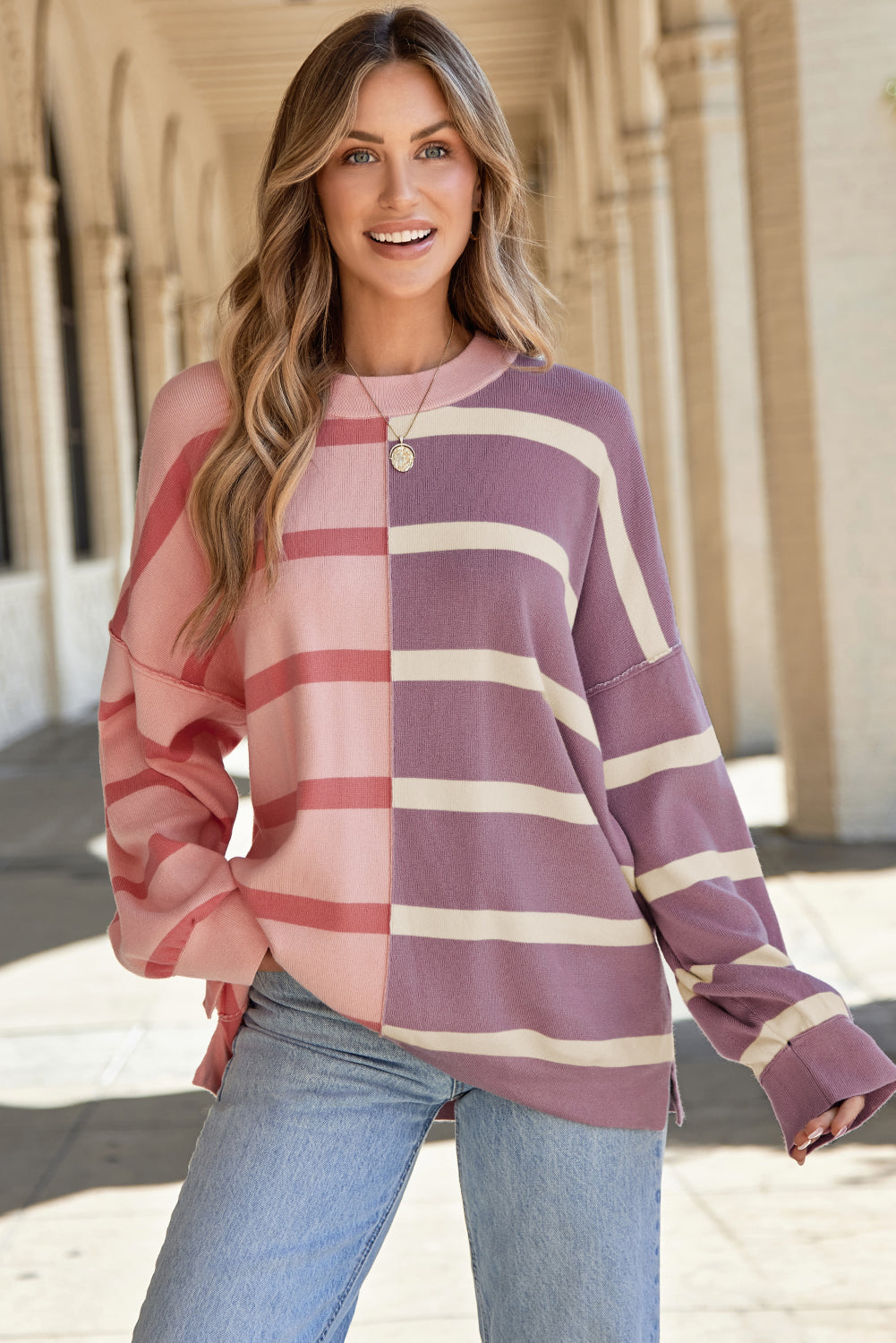 Pink Stripe Colourblock Oversized Sweater eAura