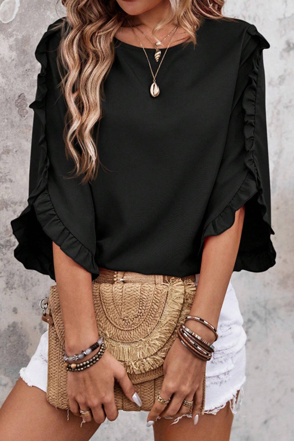 Ruffle Trimmed 3/4 Sleeve Round Neck Blouse eAura
