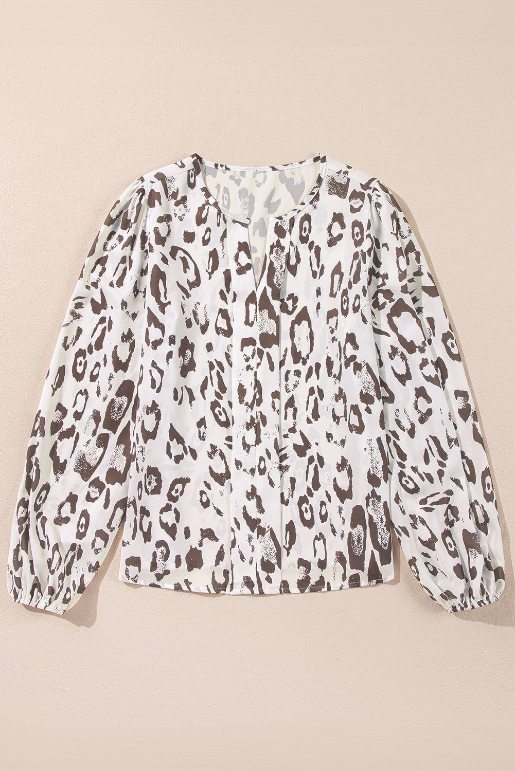 Khaki Leopard Print Split Neck Balloon Sleeve Blouse eAura