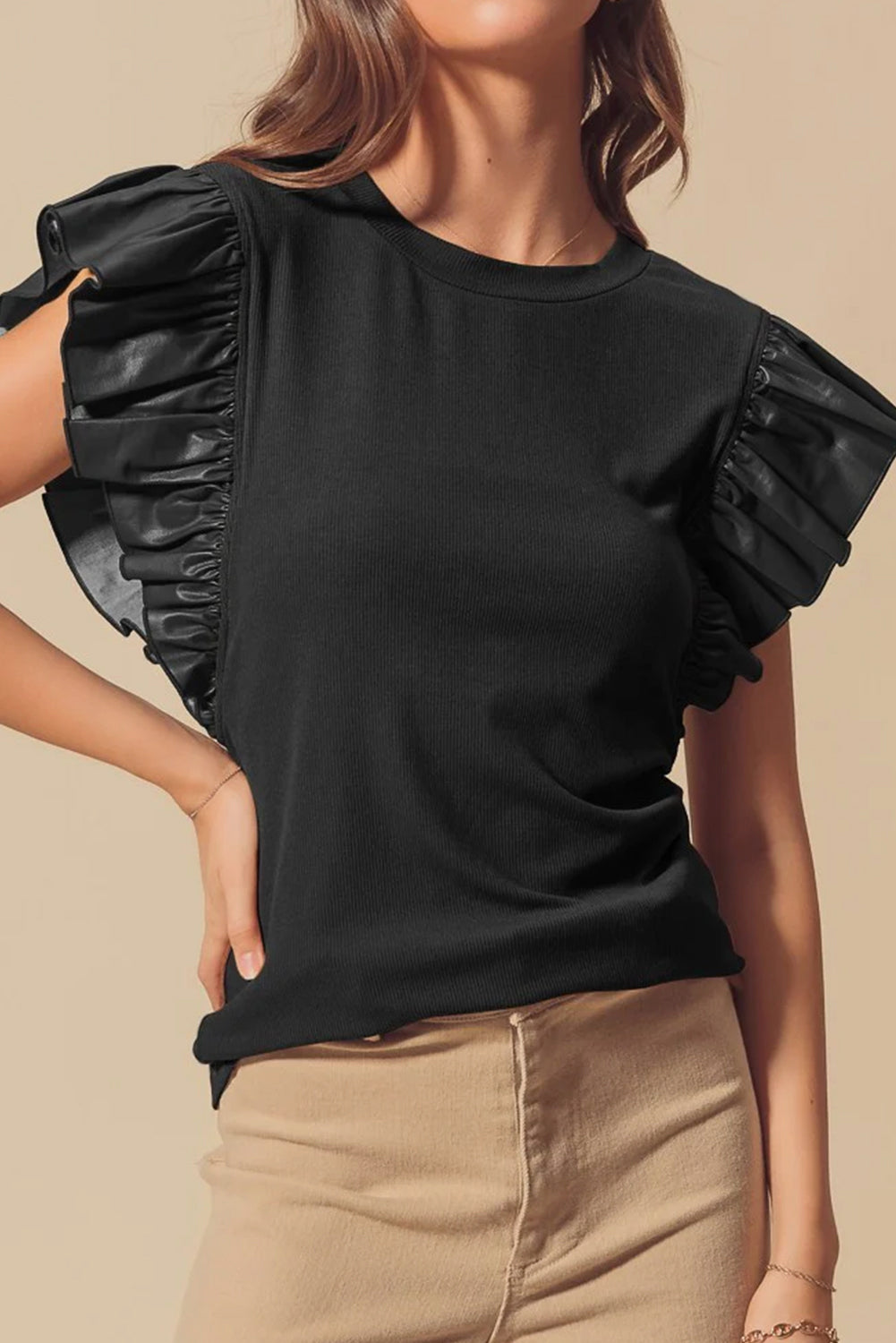 Black Leather Ruffle Sleeve Patchwork Round Neck Blouse eAura