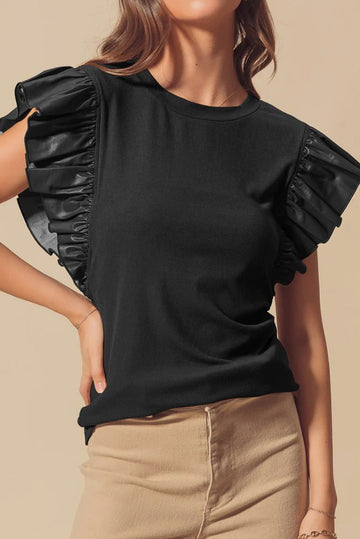 Black Leather Ruffle Sleeve Patchwork Round Neck Blouse eAura