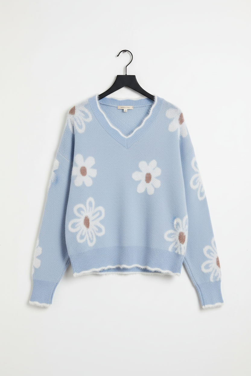 Fuzzy Floral Scalloped V-Neck Plus Size Sweater - Size/Plus Sweaters & Cardigans