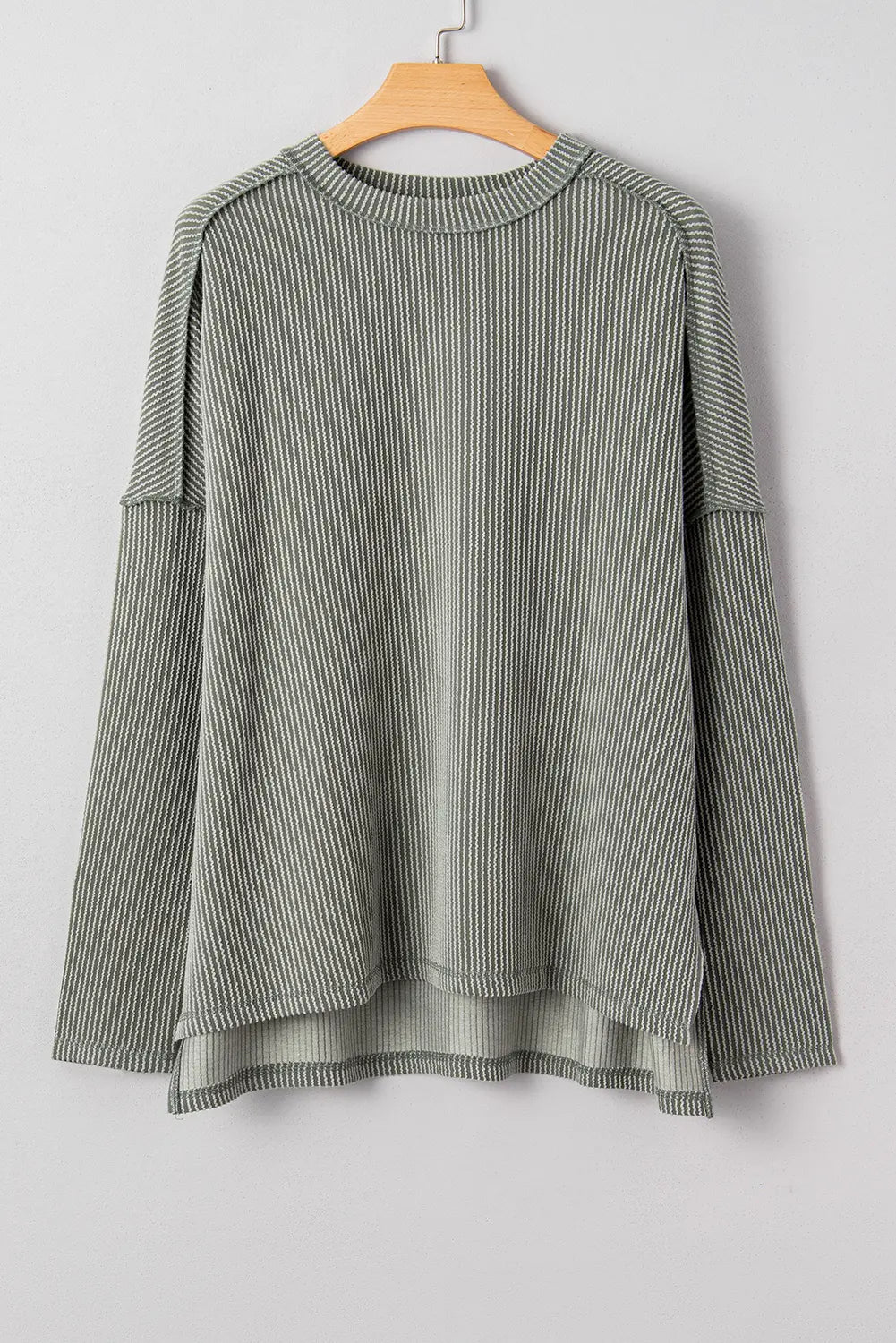 Twist Ribbed Exposed Seam Detail Long Sleeve Loose Top - Tops/Long Tops