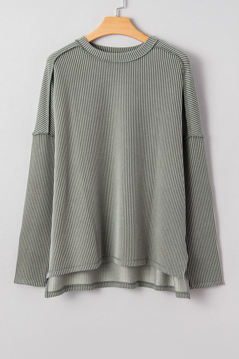 Twist Ribbed Exposed Seam Detail Long Sleeve Loose Top - Tops/Long Tops