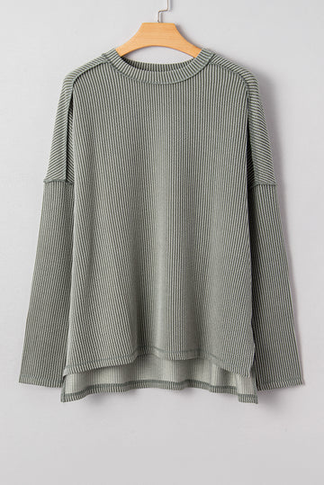 Twist Ribbed Exposed Seam Detail Long Sleeve Loose Top - Tops/Long Tops