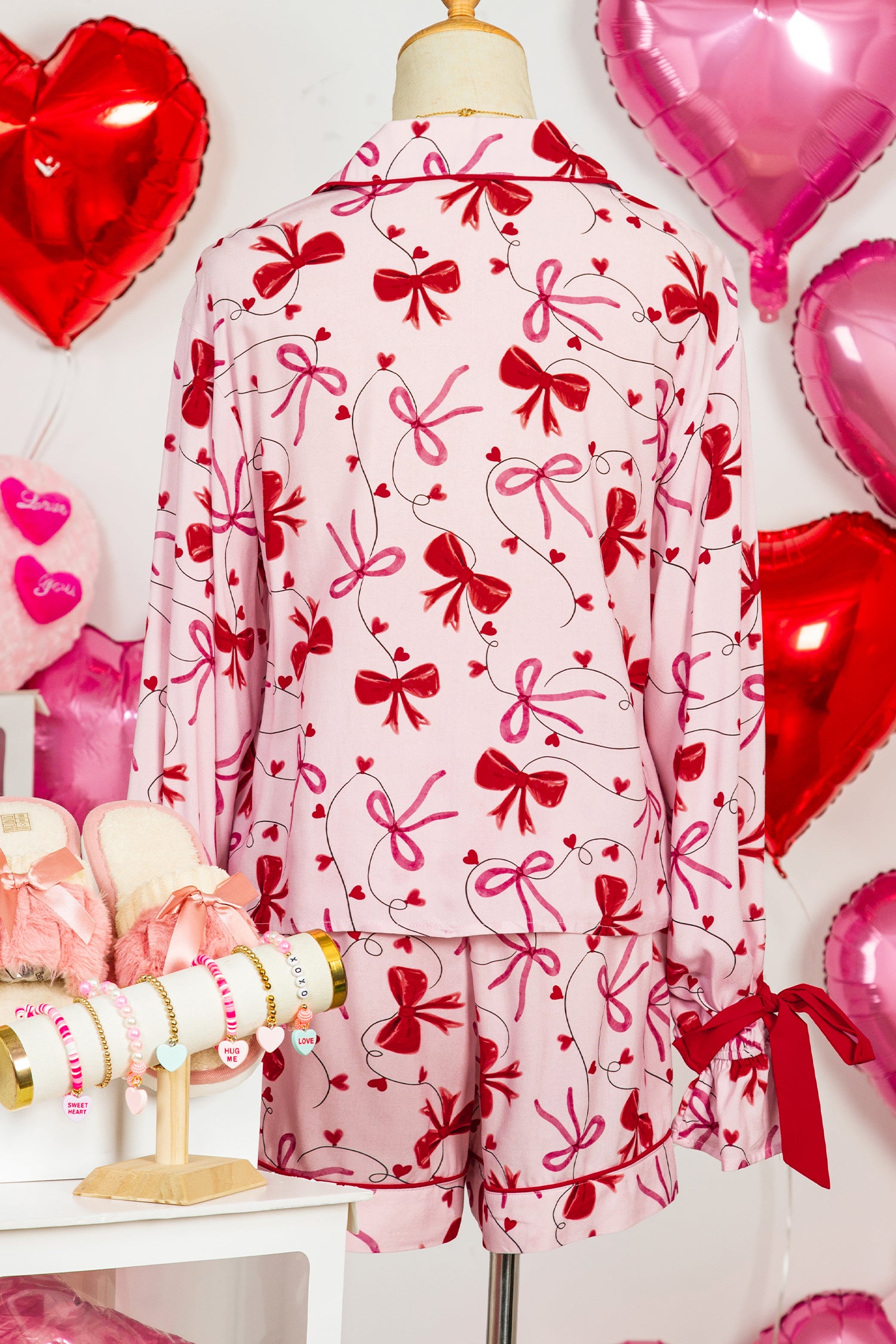 Bow Print Valentine Long Sleeve Shirt Shorts 2 Pcs Pajama Set – Red