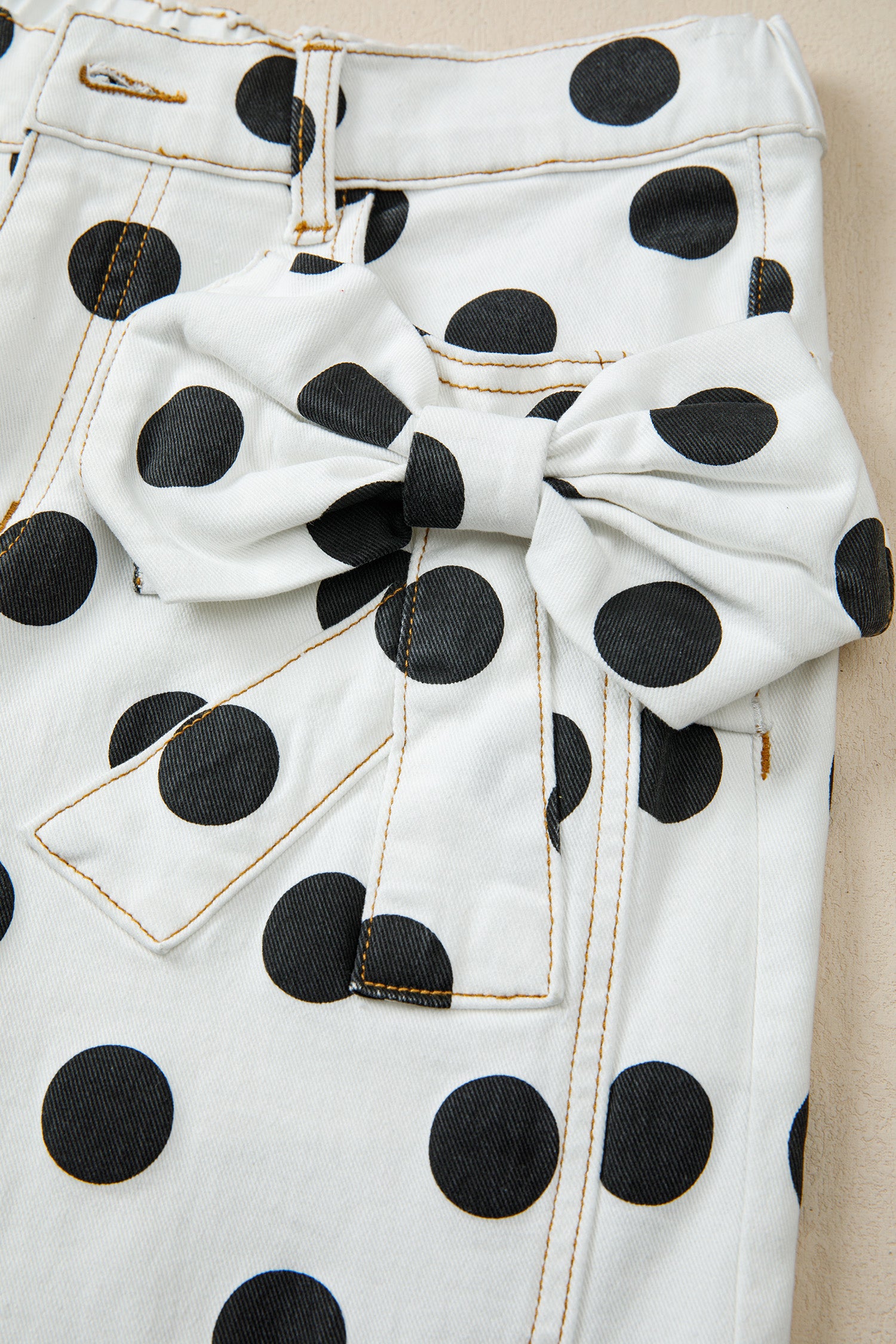 Sky Blue Polka Dot Print Bow Detail Pocketed Jeans