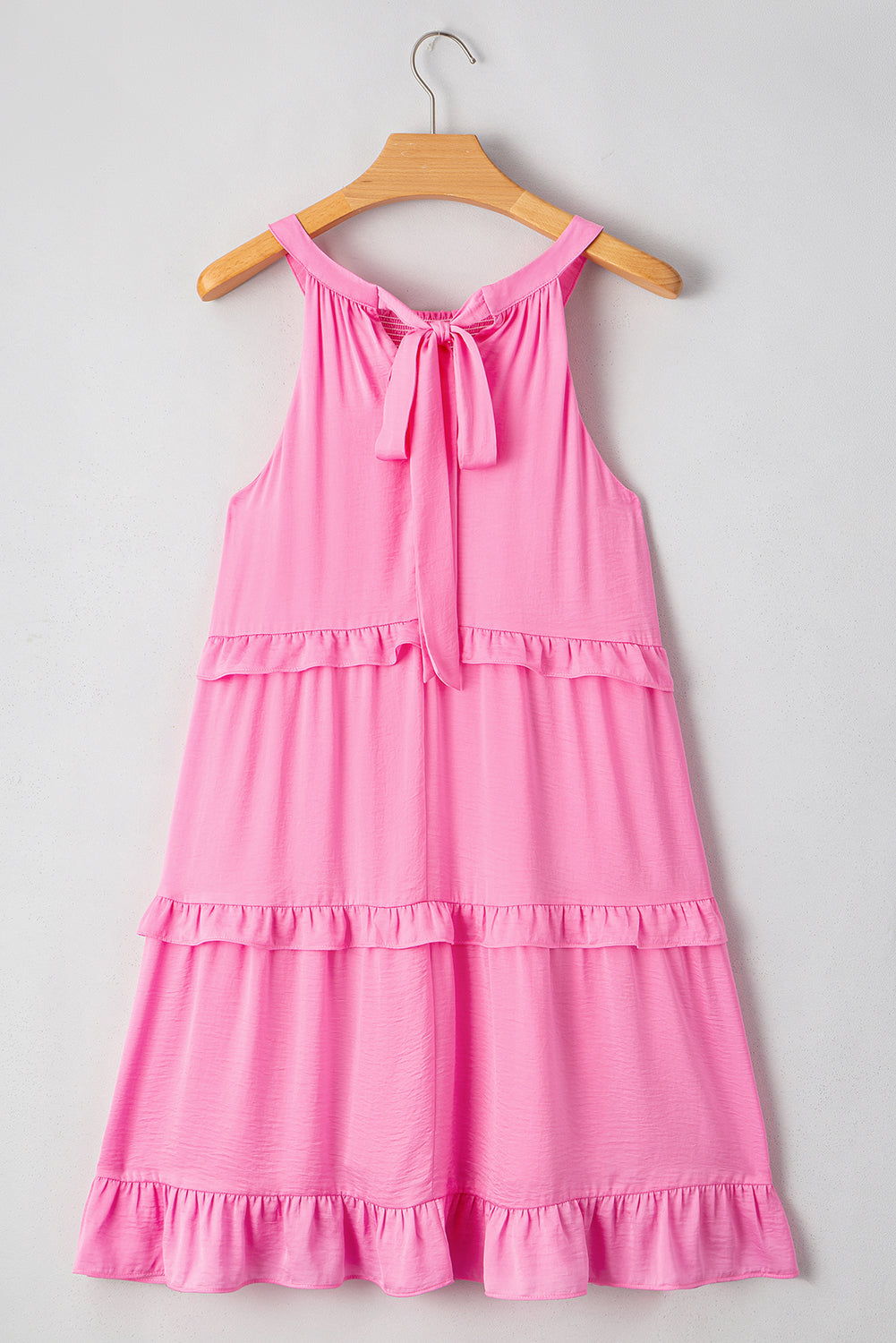 Pink Smocked Neck Knot Back Frilly Tiered Sleeveless Mini Dress BB Fashion Outlet