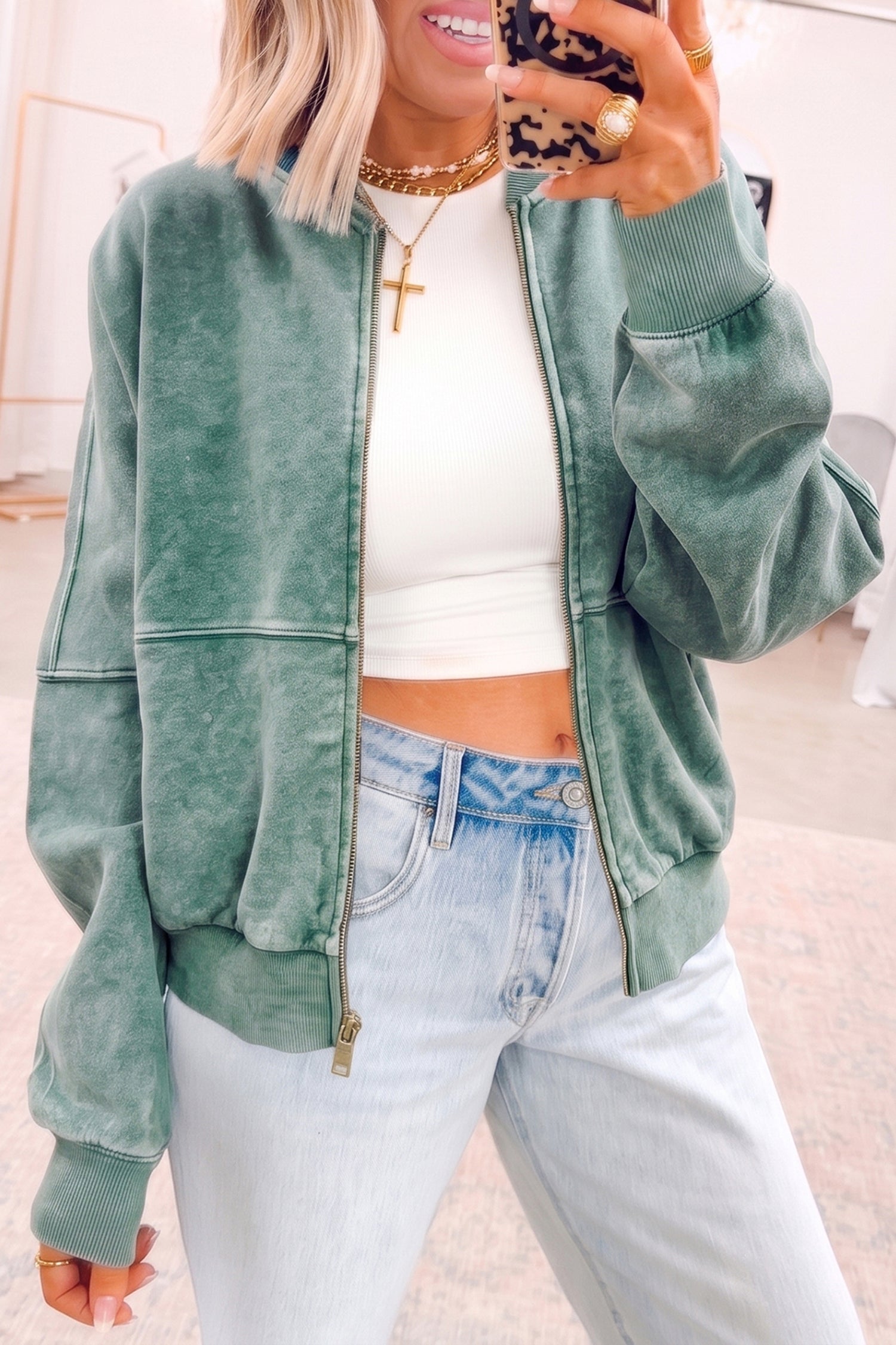 Mineral Washed Zip Open-Front Jacket Style Cotton Sweatshirt – Evergreen
