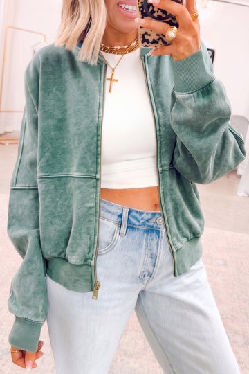 Mineral Washed Zip Open-Front Jacket Style Cotton Sweatshirt – Evergreen