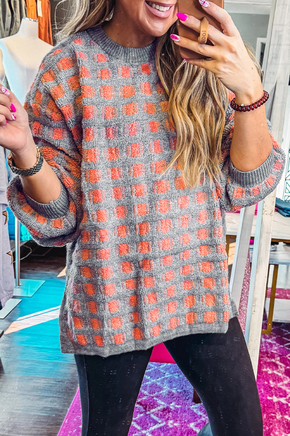 Pink Checkered Oversized Side Slit Sweater - eAura