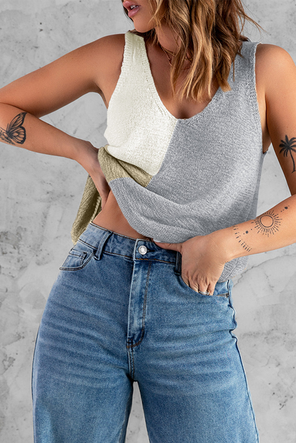 Grey Colour Block Knitted Tank Top eAura