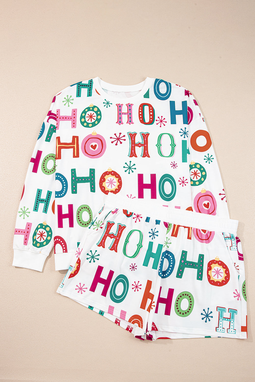 White Plus Size Christmas Ho Ho Ho Print Long Sleeve Top and Shorts 2pc Lounge Set eAura
