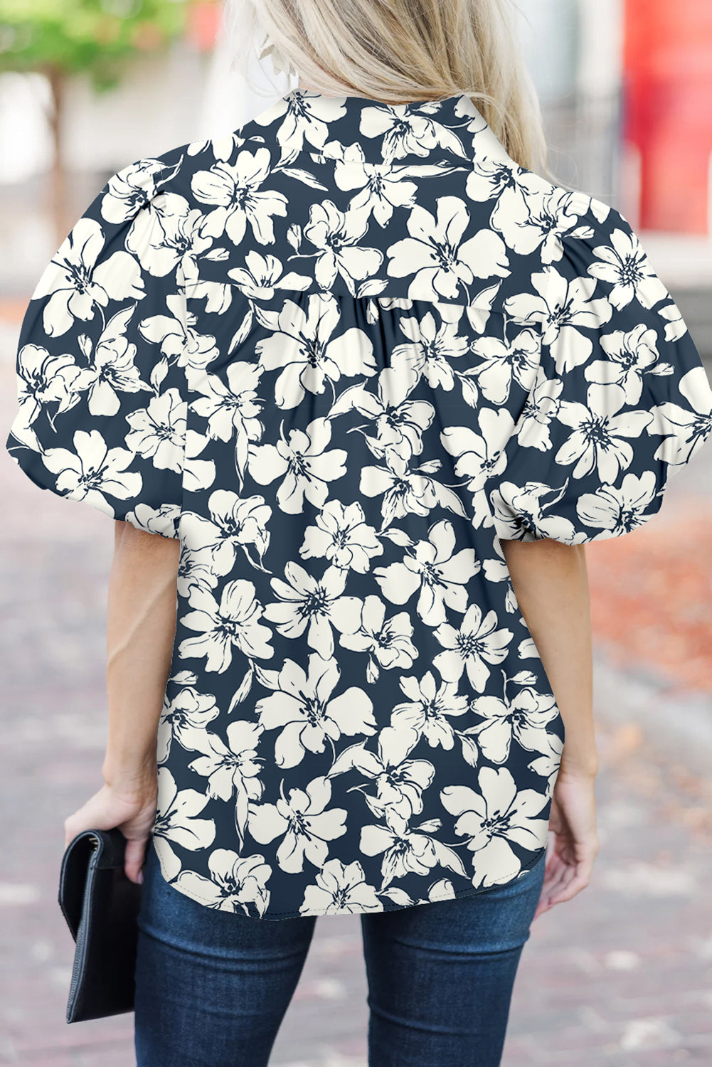 Blue Floral Short Puff Sleeve Summer Shirt eAura