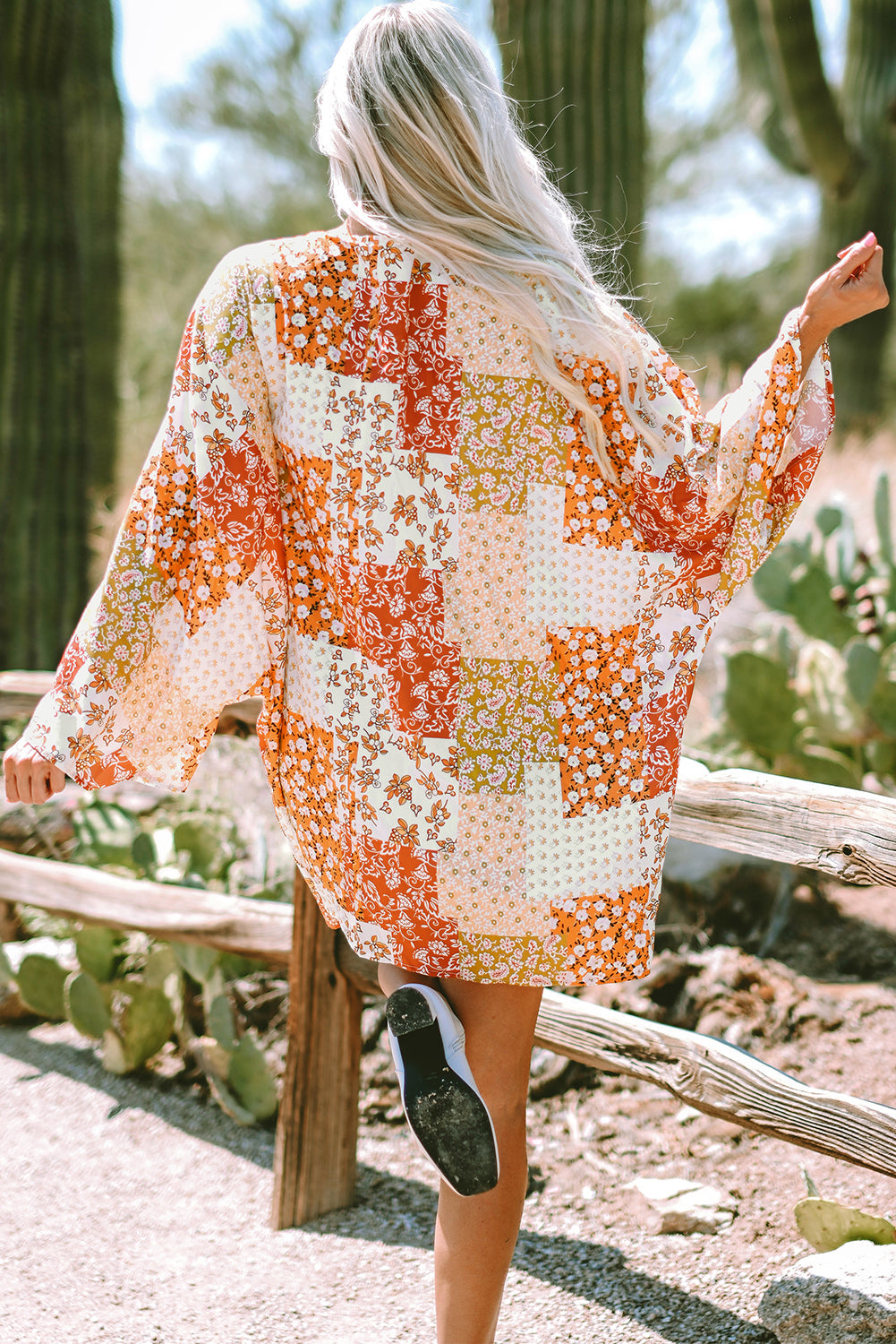 White Boho Patchwork Floral Open Front Kimono BB Fashion Outlet