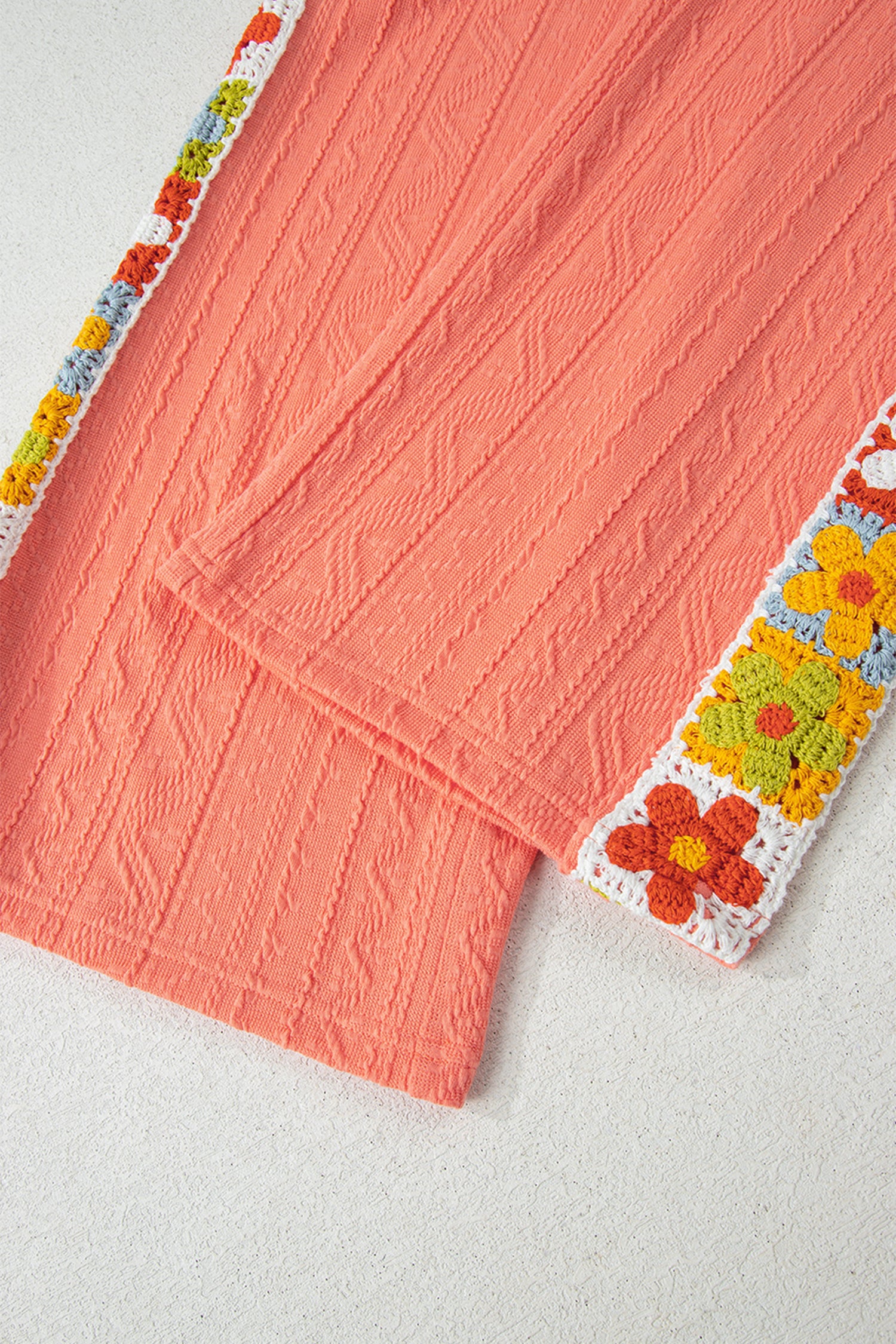 Orange Crochet Floral Accent V-Neck Textured Trouser Set - Two Piece Sets/Pant Sets