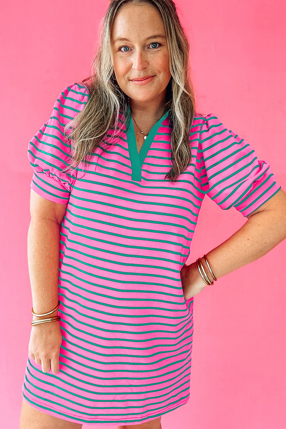 Rose Stripe Collared V Neck Puff Sleeve Shift T Shirt Dress with Pockets BB Fashion Outlet