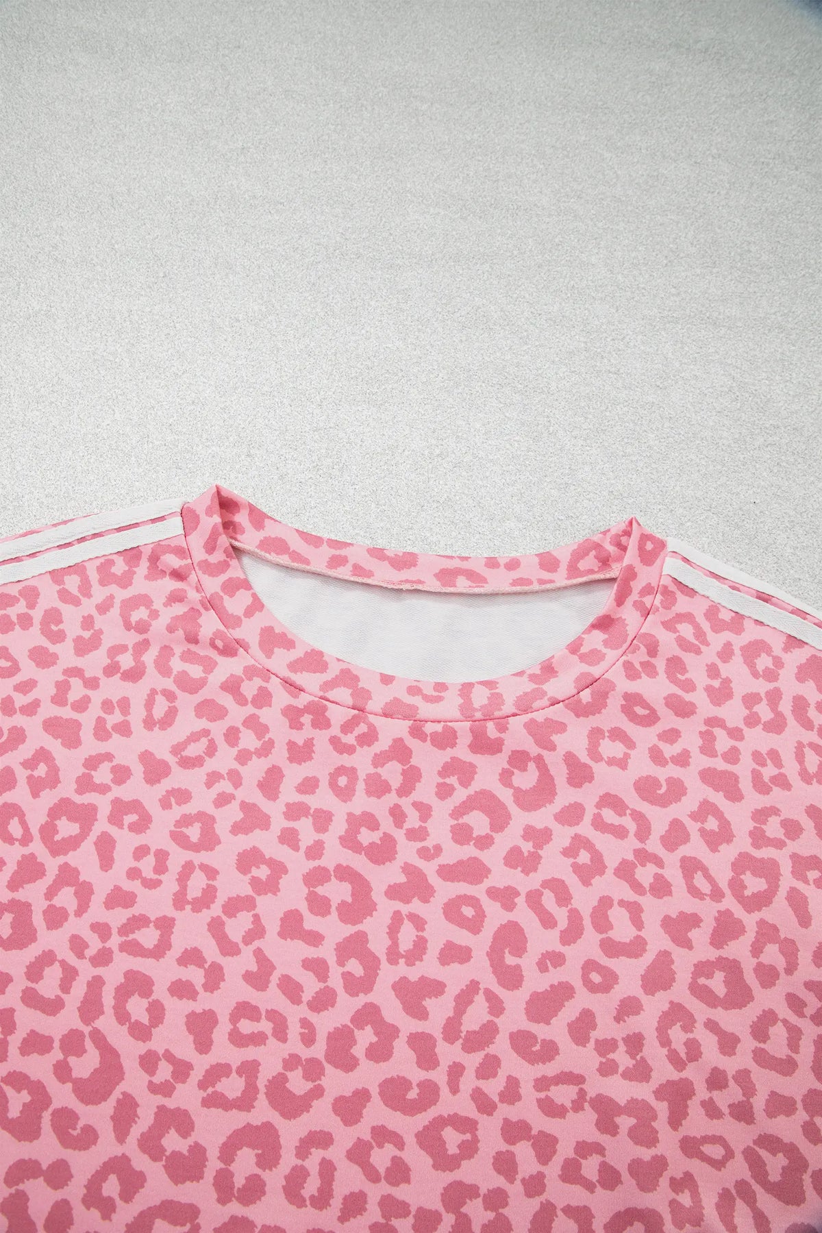 Leopard Print Varsity Striped Detail 3/4 Sleeve Top Shift Pant Set – Pink