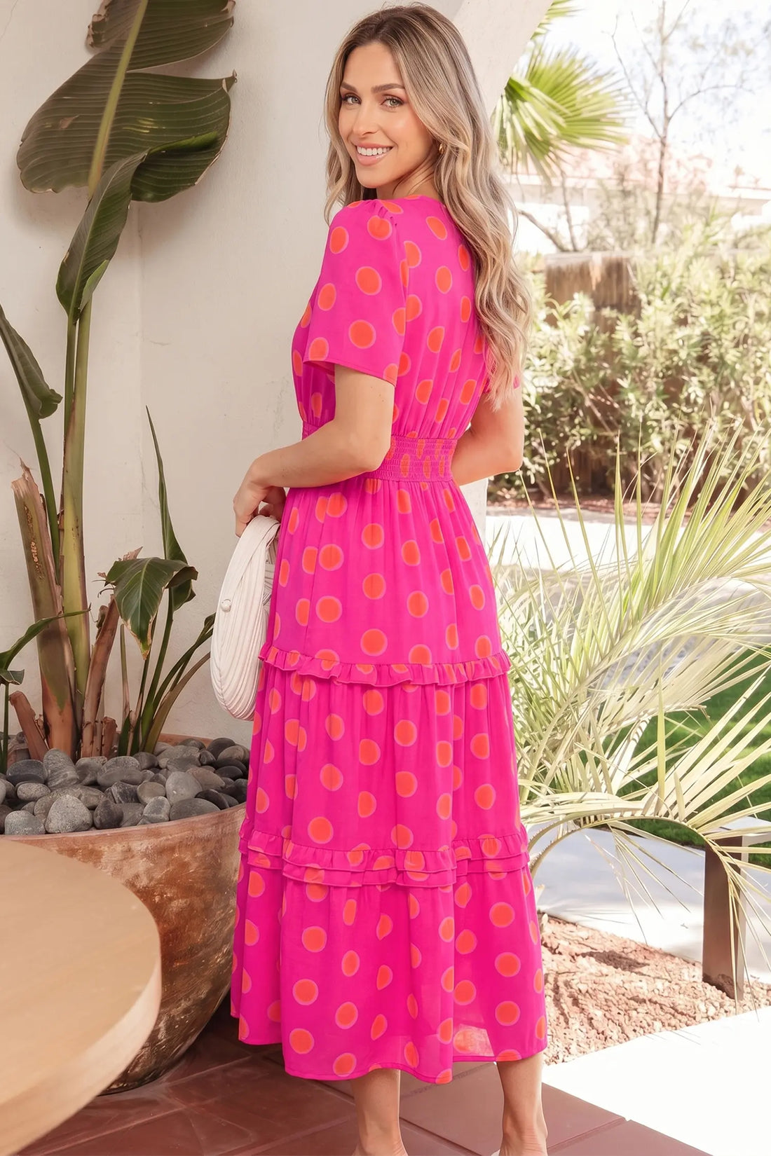 Rose Polka Dot Short Sleeve Shirred High Waist Midi Dress