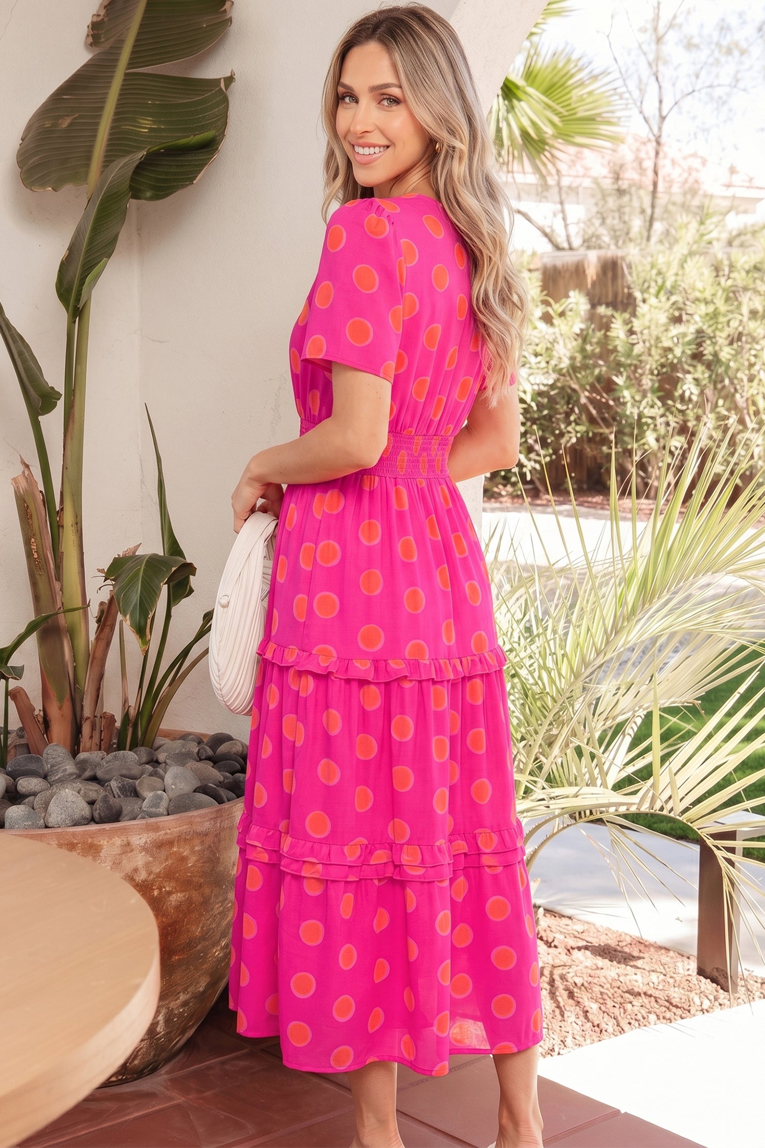 Rose Polka Dot Short Sleeve Shirred High Waist Midi Dress