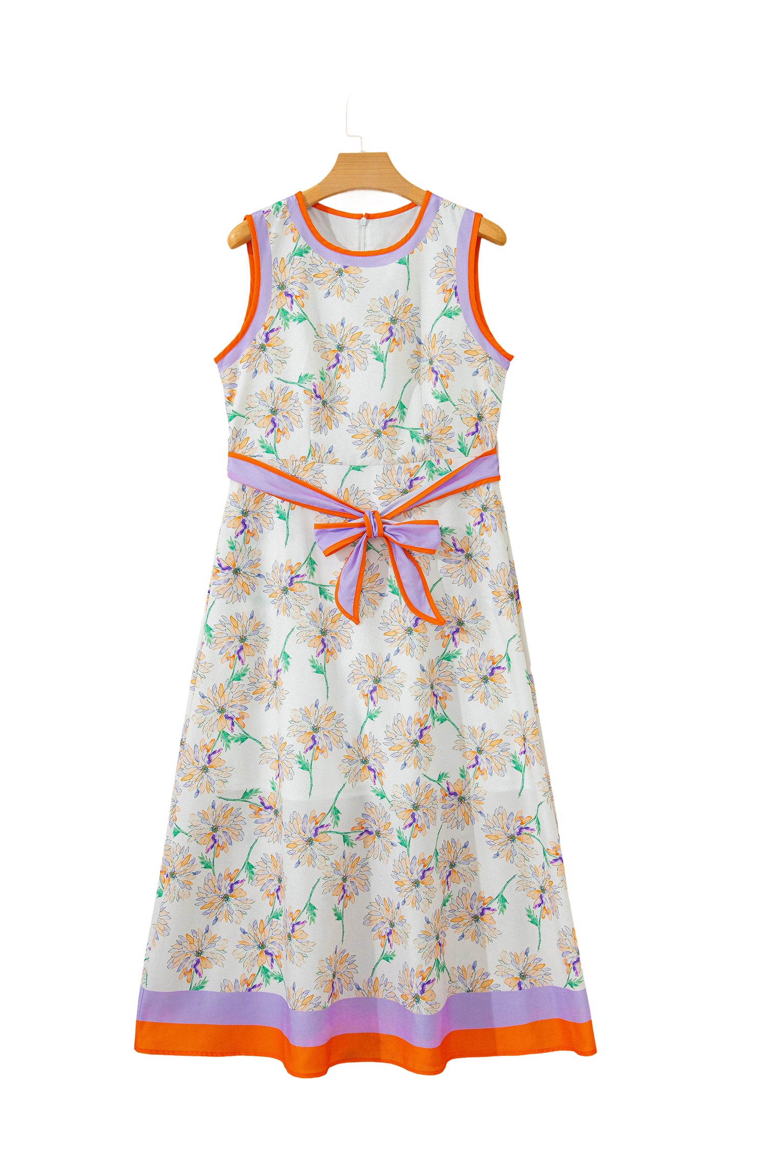 Floral Print Colour Block Trim Belted Sleeveless Maxi Dress