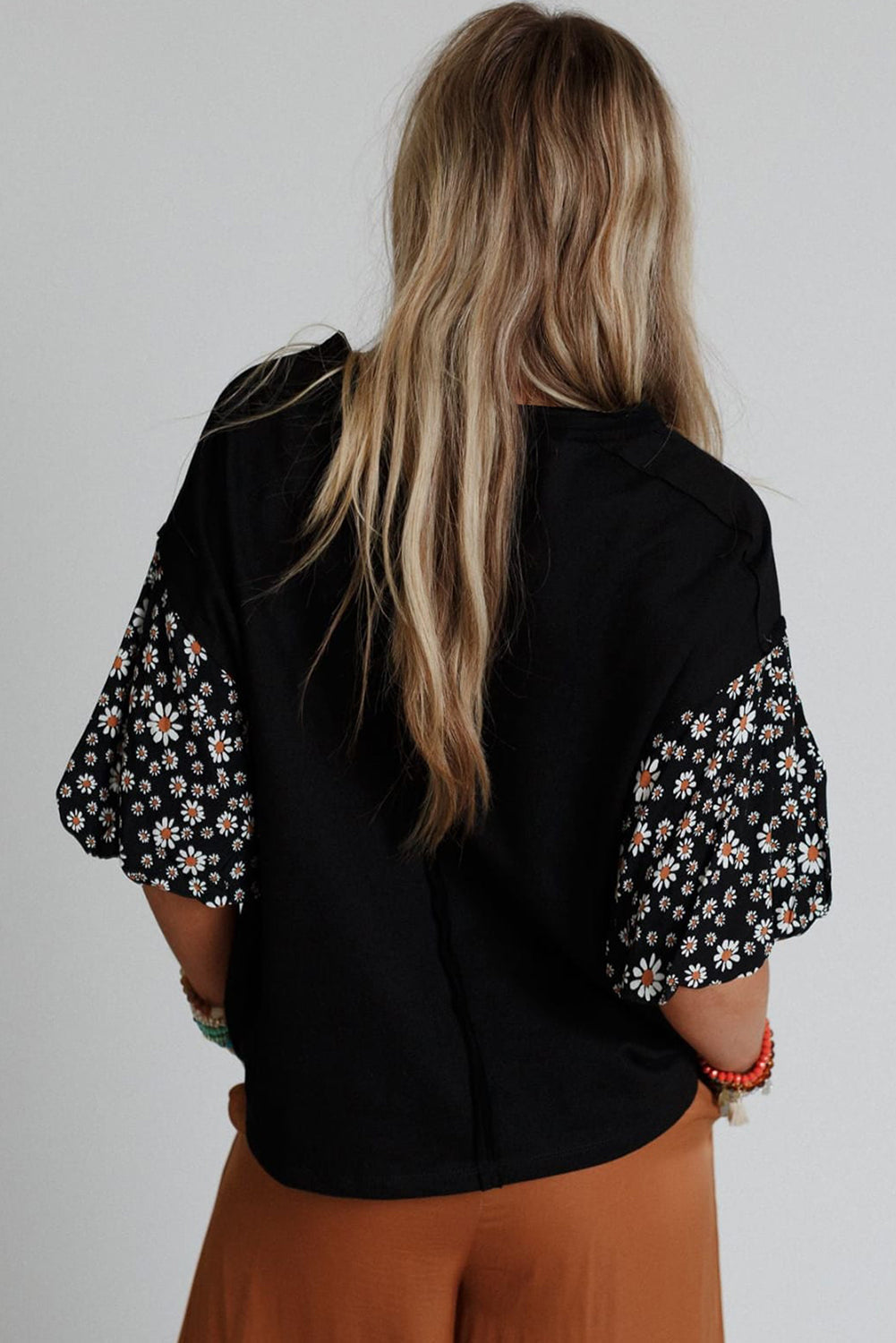 Black Contrast Floral Puff Sleeve Oversized Top eAura