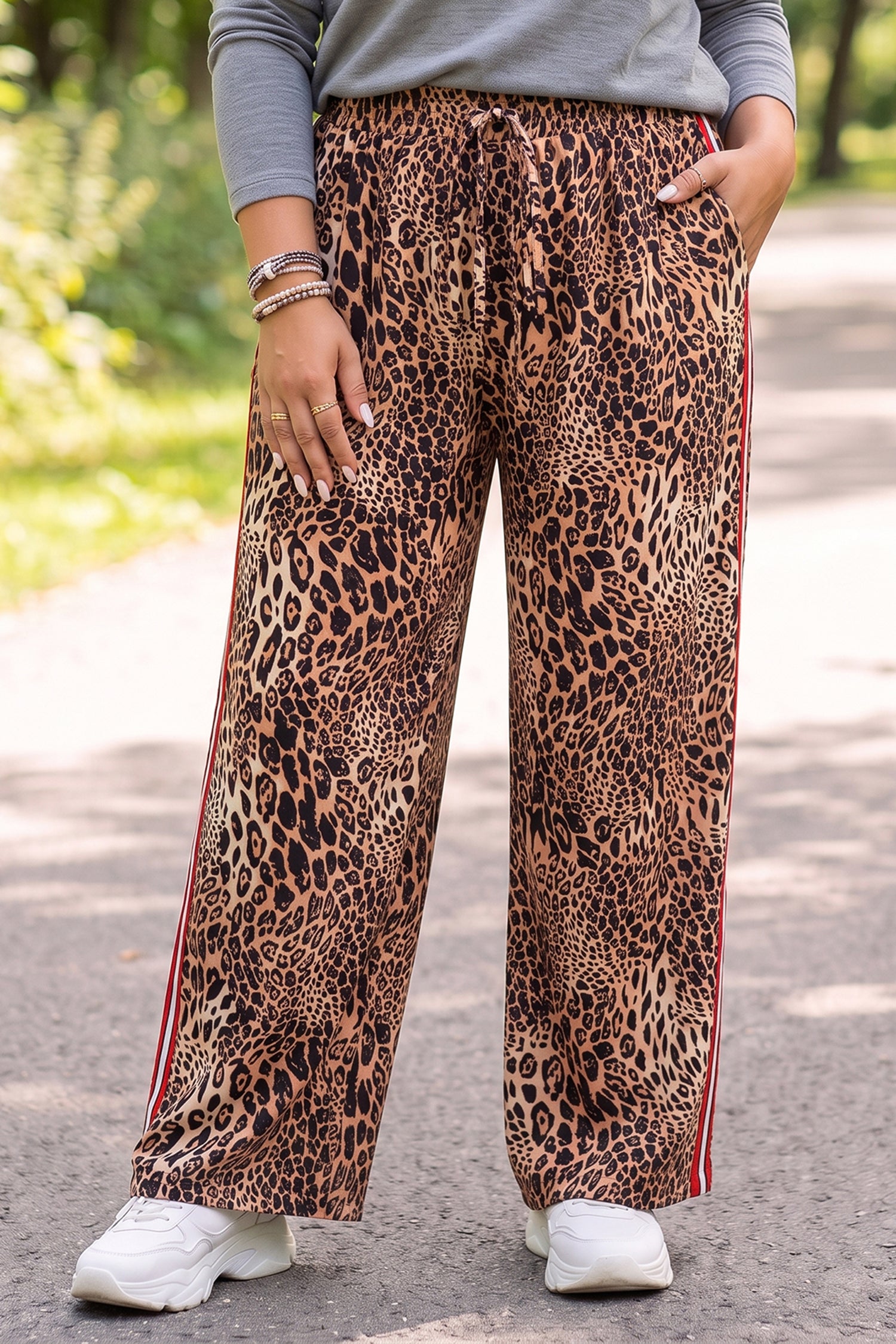Leopard Print Colorblock Side Stripes Wide Leg Full Length Plus Size Pants – Khaki