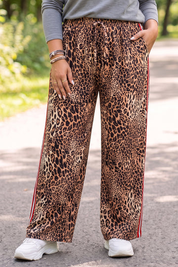 Leopard Print Colorblock Side Stripes Wide Leg Full Length Plus Size Pants – Khaki