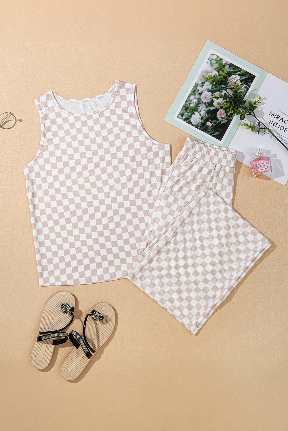 White Ribbed Texture Checkered Print 2pcs Tank and Trouser Co-ord Set eAura