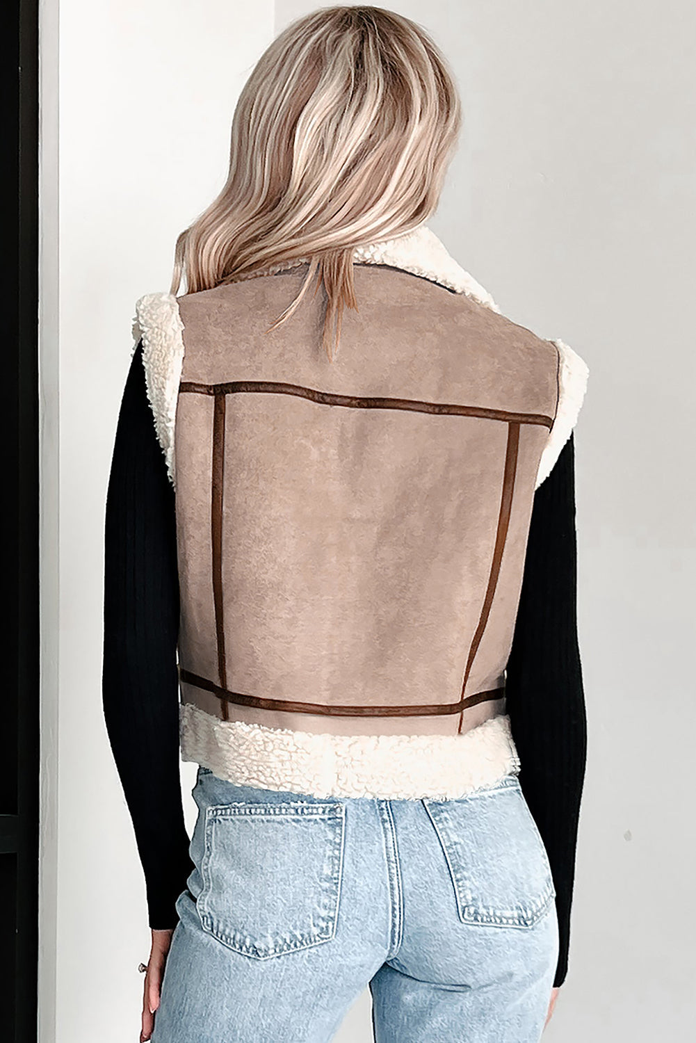 Sherpa Lined Faux Suede Lapel Collar Gilet Sleeveless Jacket eAura