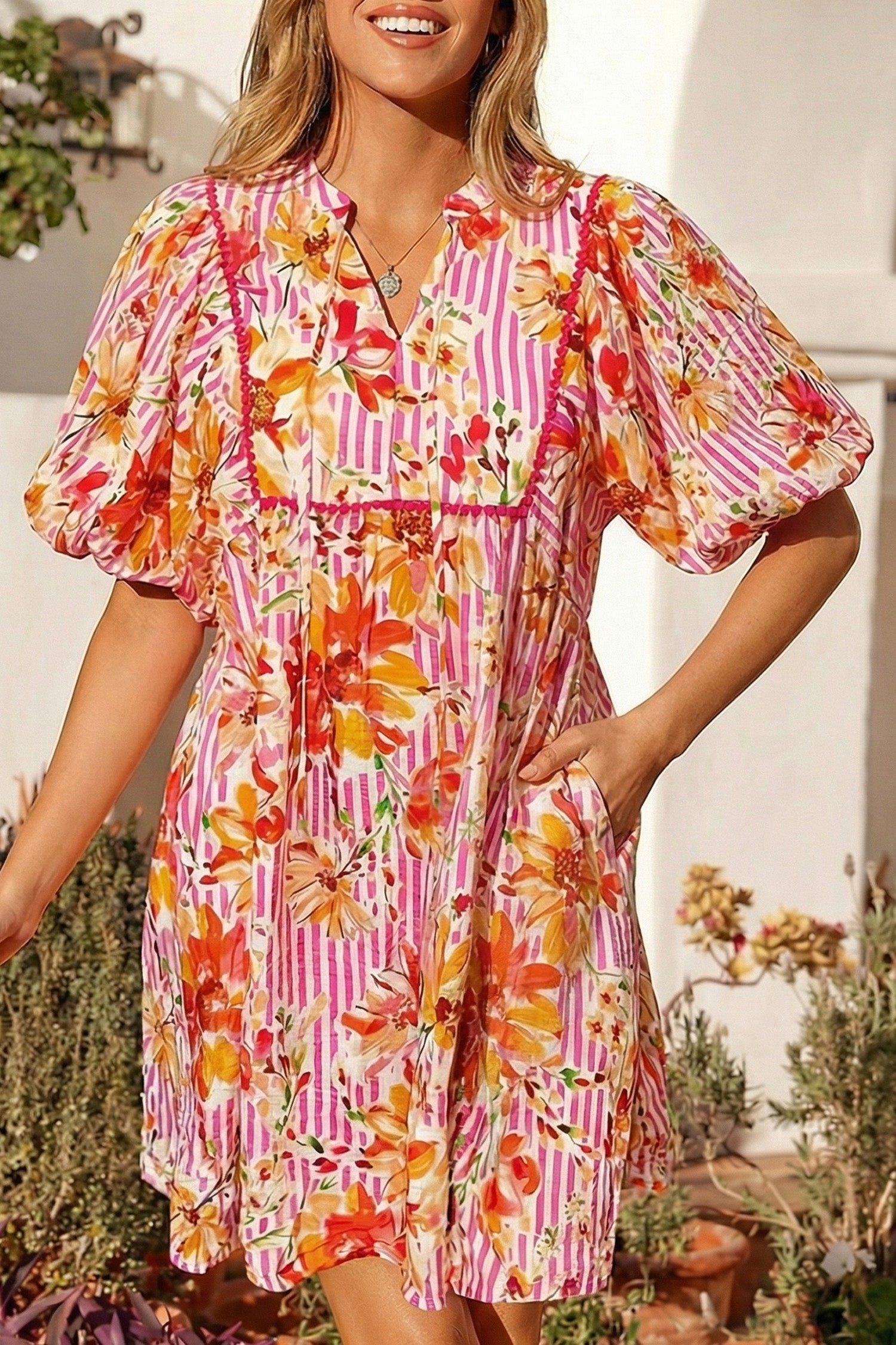 Striped Floral Print Tie Neck Puff Sleeve Babydoll Mini Dress