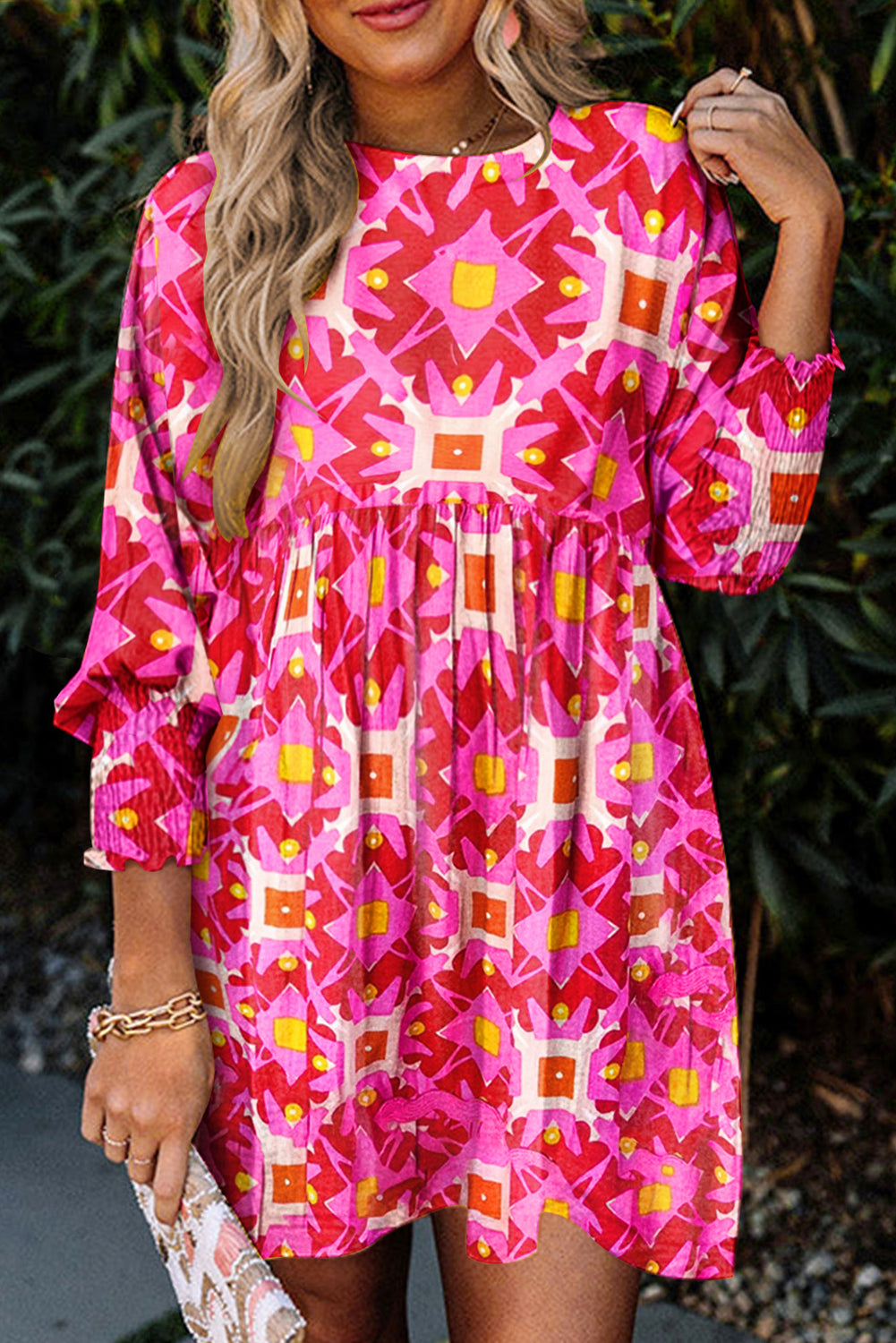 Strawberry Pink Geometric Print Smocked Long Sleeve Mini Dress eAura