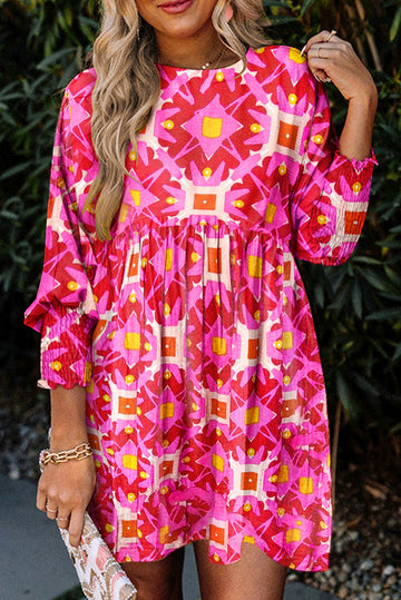 Strawberry Pink Geometric Print Smocked Long Sleeve Mini Dress eAura