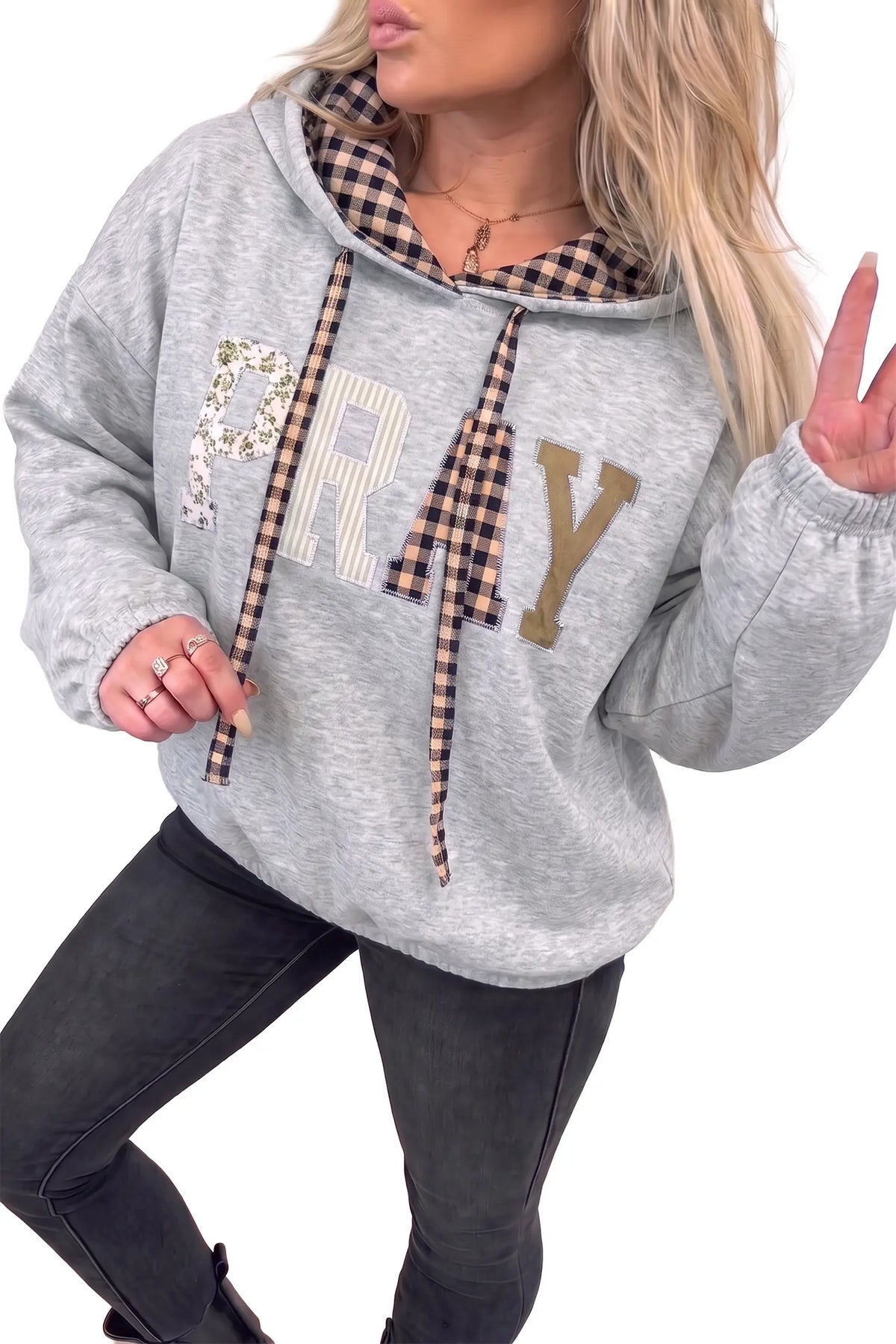 Hoodie with Drawstring and Plaid-Contrast PRAY Graphic