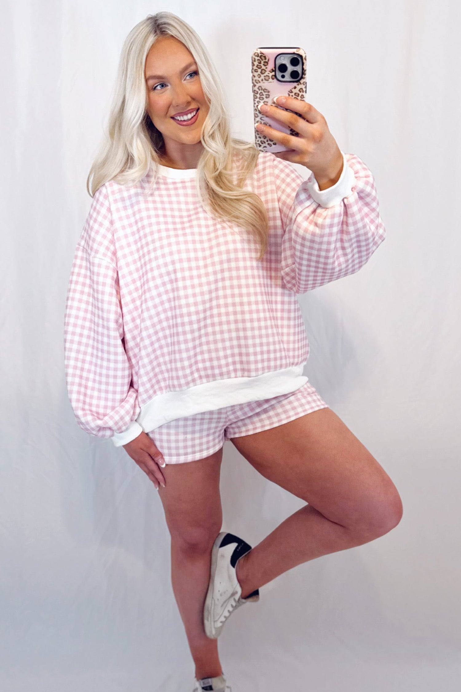 Plaid Baggy Pullover Drawstring Casual Shorts 2pcs Outfit – Pink