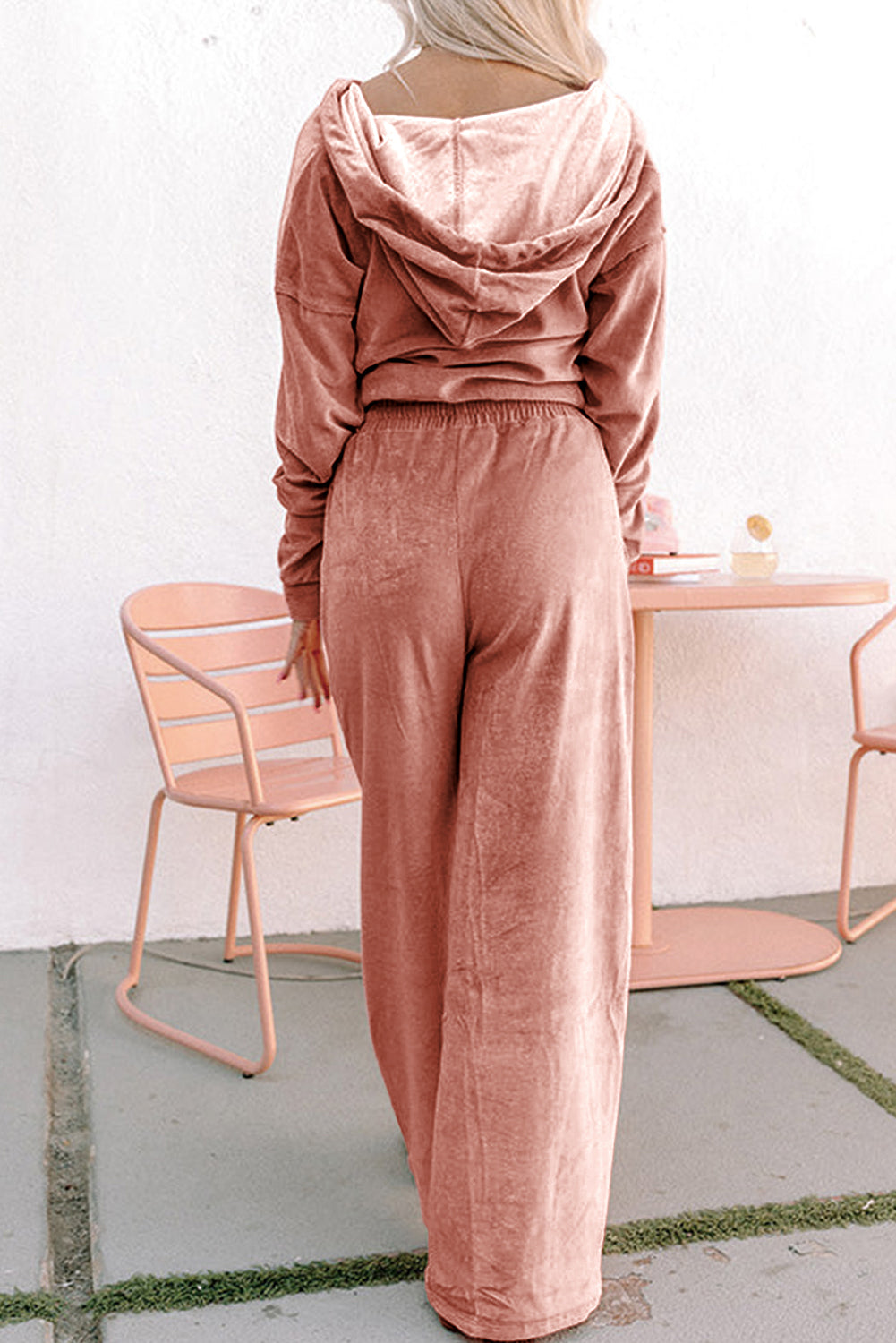 Peach Velvet Zip-up Hoodie and Wide Leg Trousers Co-ord Set eAura