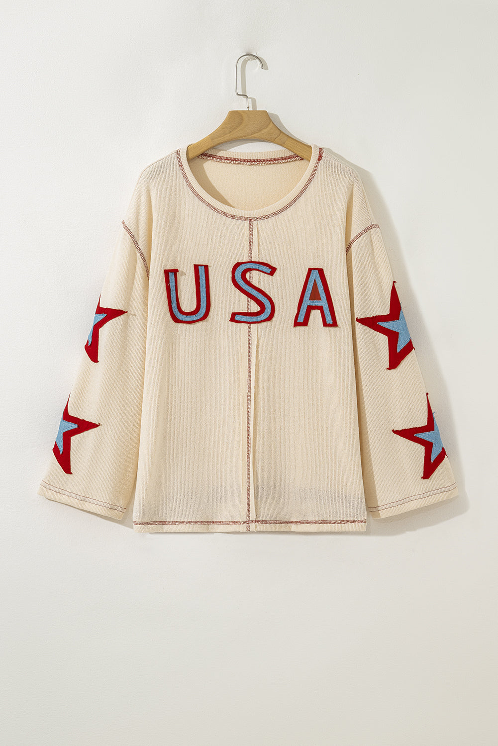 Beige USA Star Contrast Patchwork Exposed Seam Long Sleeve Top - eAura