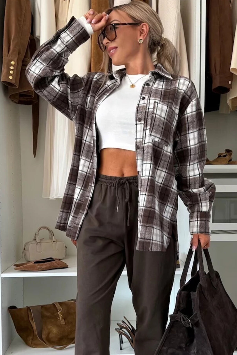 Flannel Plaid Single Chest Pocket Boyfriend Shacket - eAura