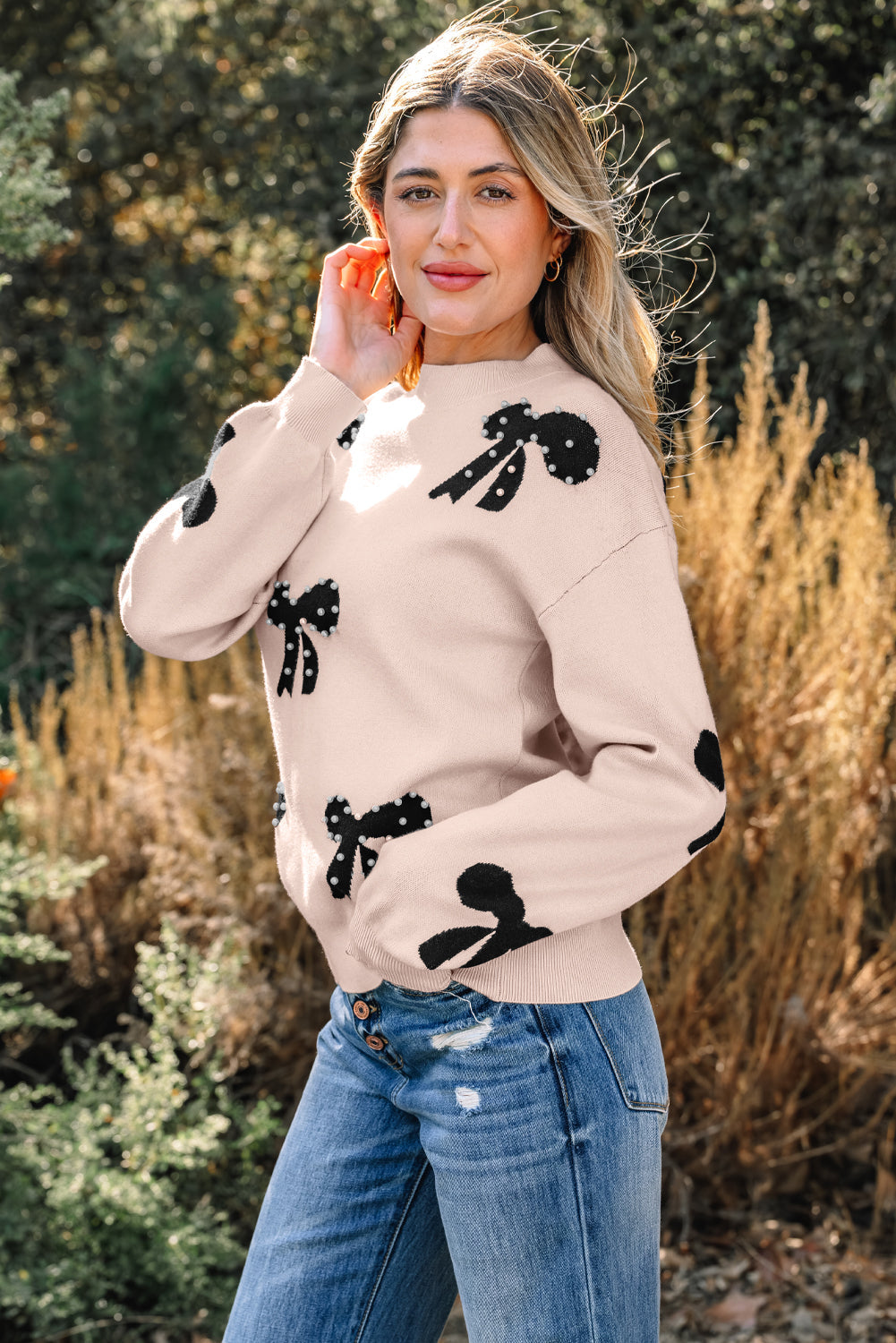 Pearl Embellished Bow Pattern Loose Sweater - eAura