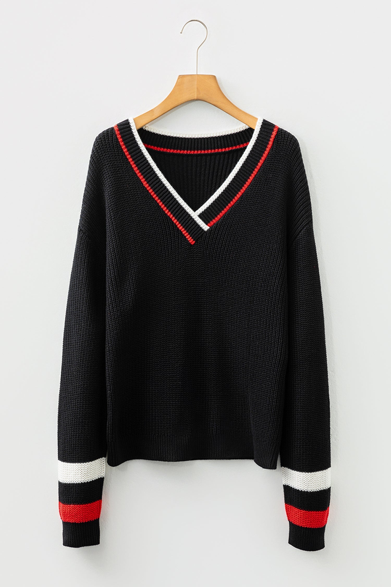 Black Contrast Striped Trim V Neck Drop Shoulder Sweater - Sweaters & Cardigans/Sweaters