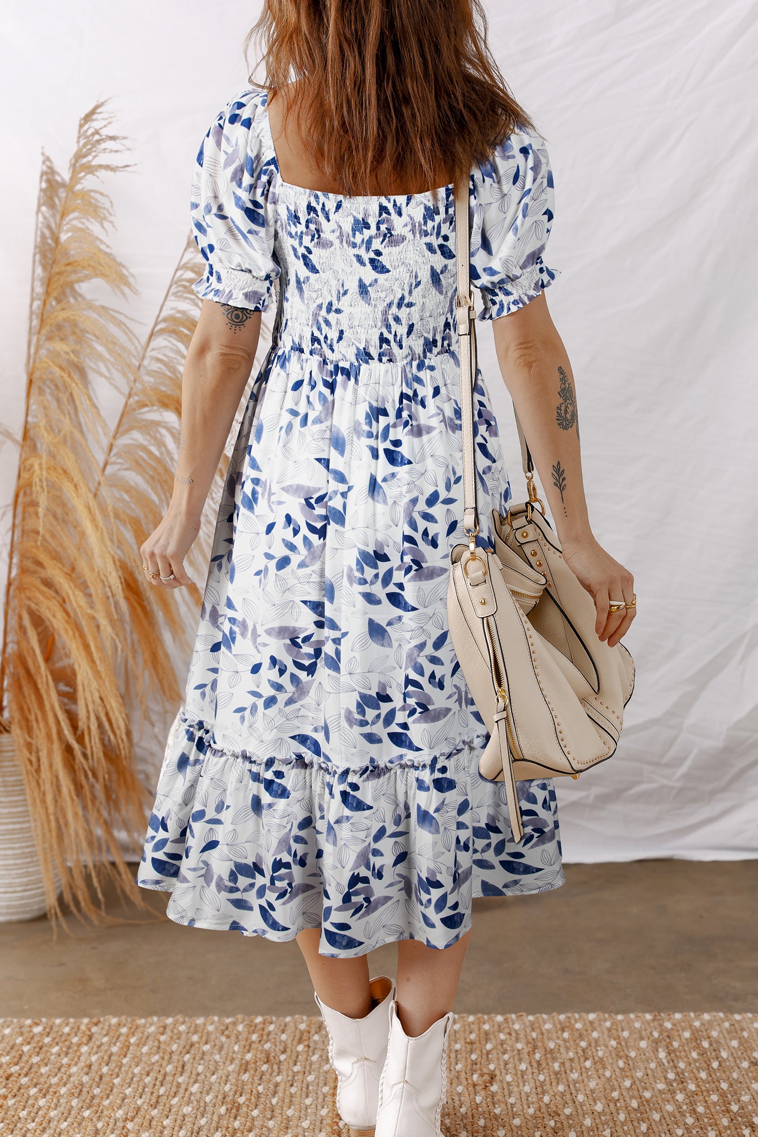 Smocked Bodice Short Puff Sleeve Tiered Floral Midi Dress