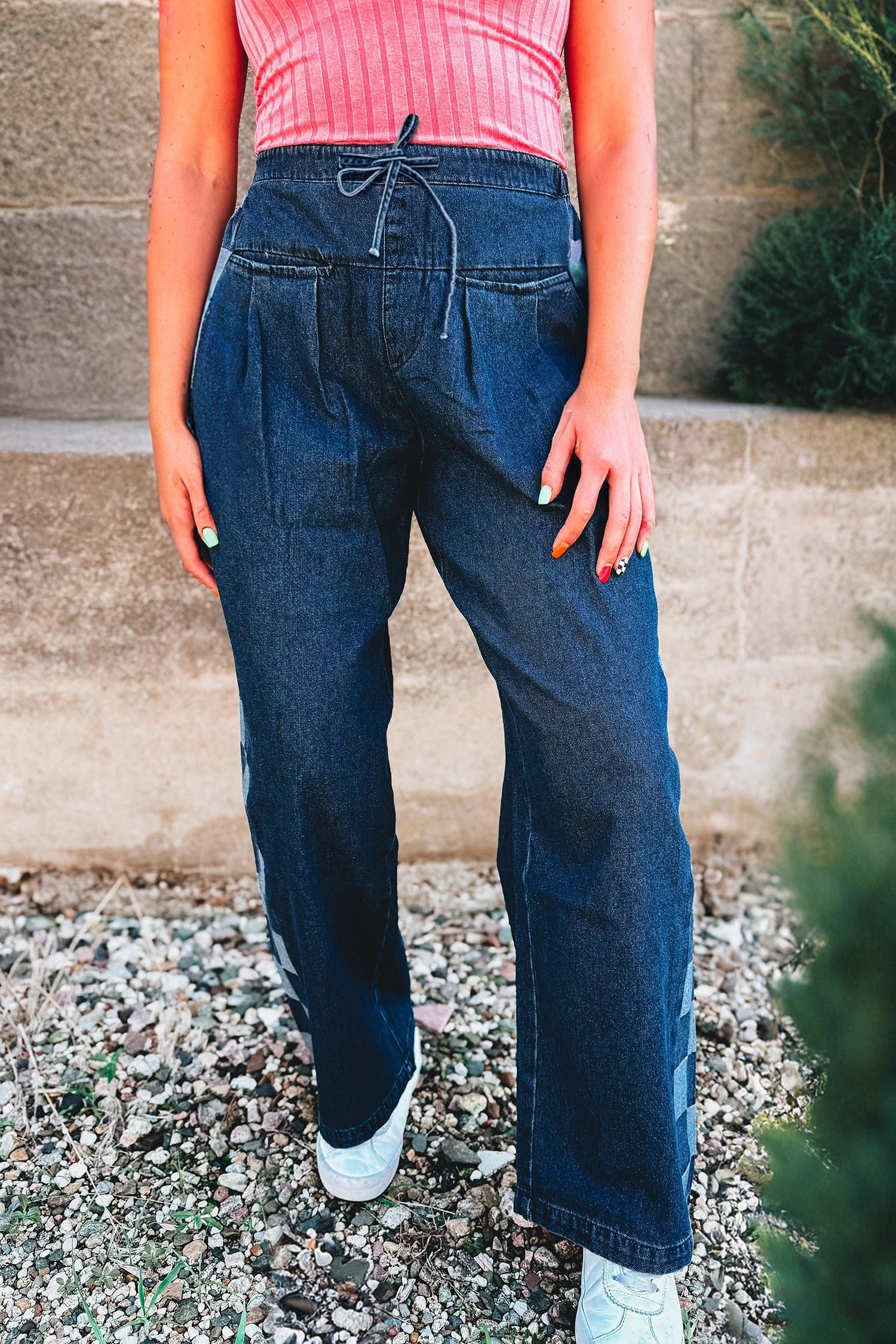 Checkered Side Panel Patchwork Drawstring Loose Denim Pants - eAura