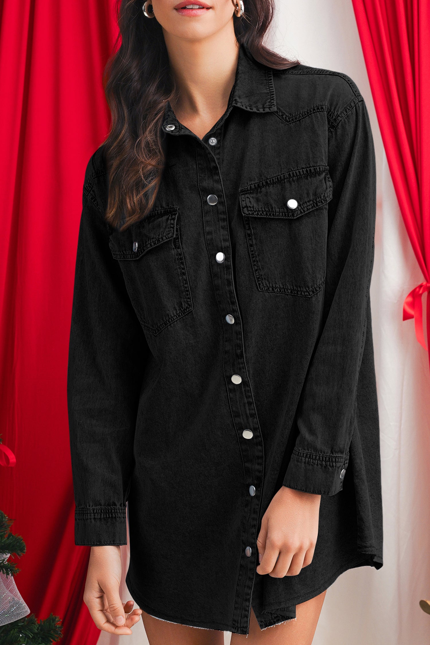 Chest Pocket Raw Hem Denim Loose Shirt Dress