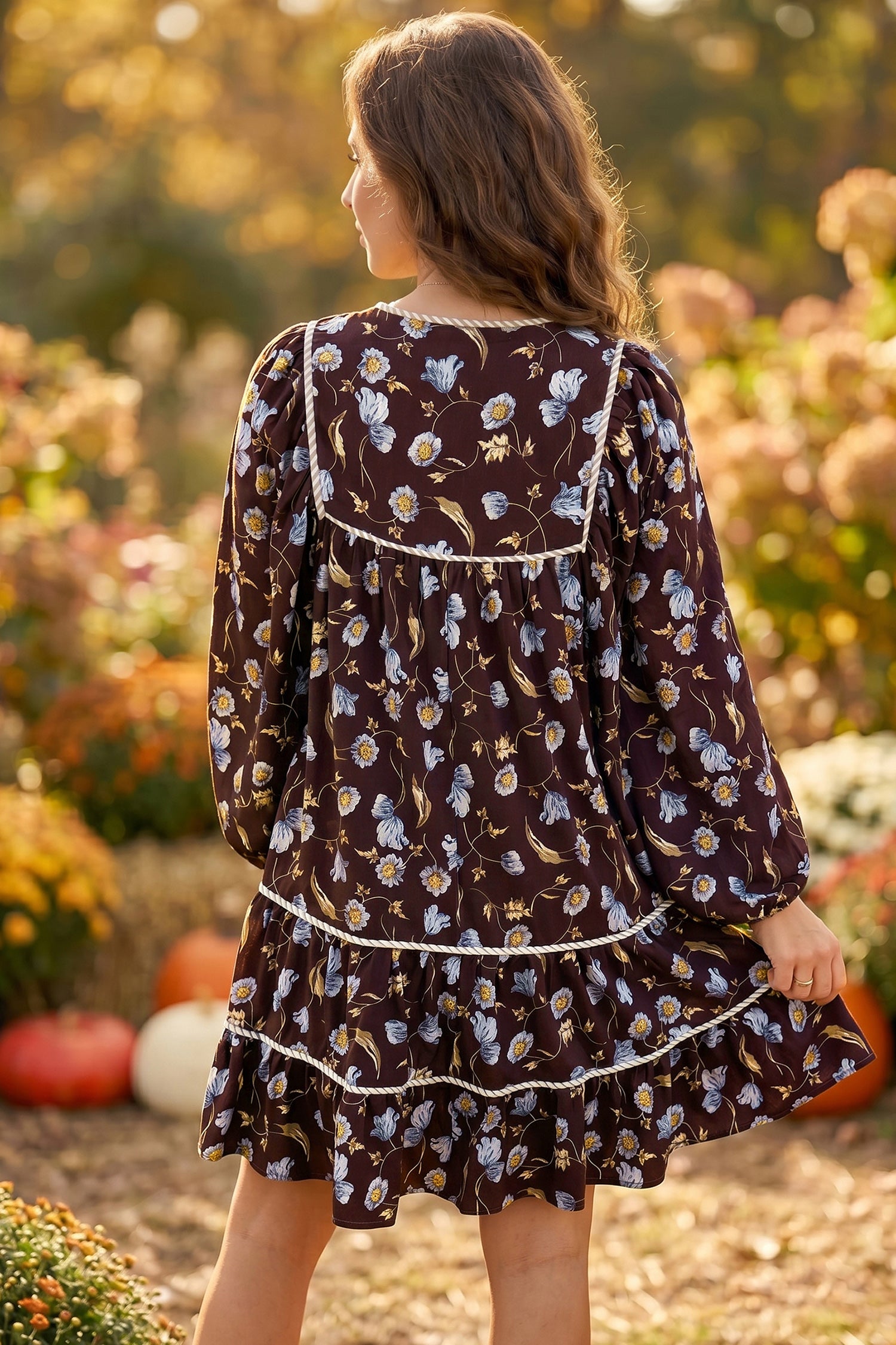 Floral Print Shirred V Neck Shift Dress – Brown