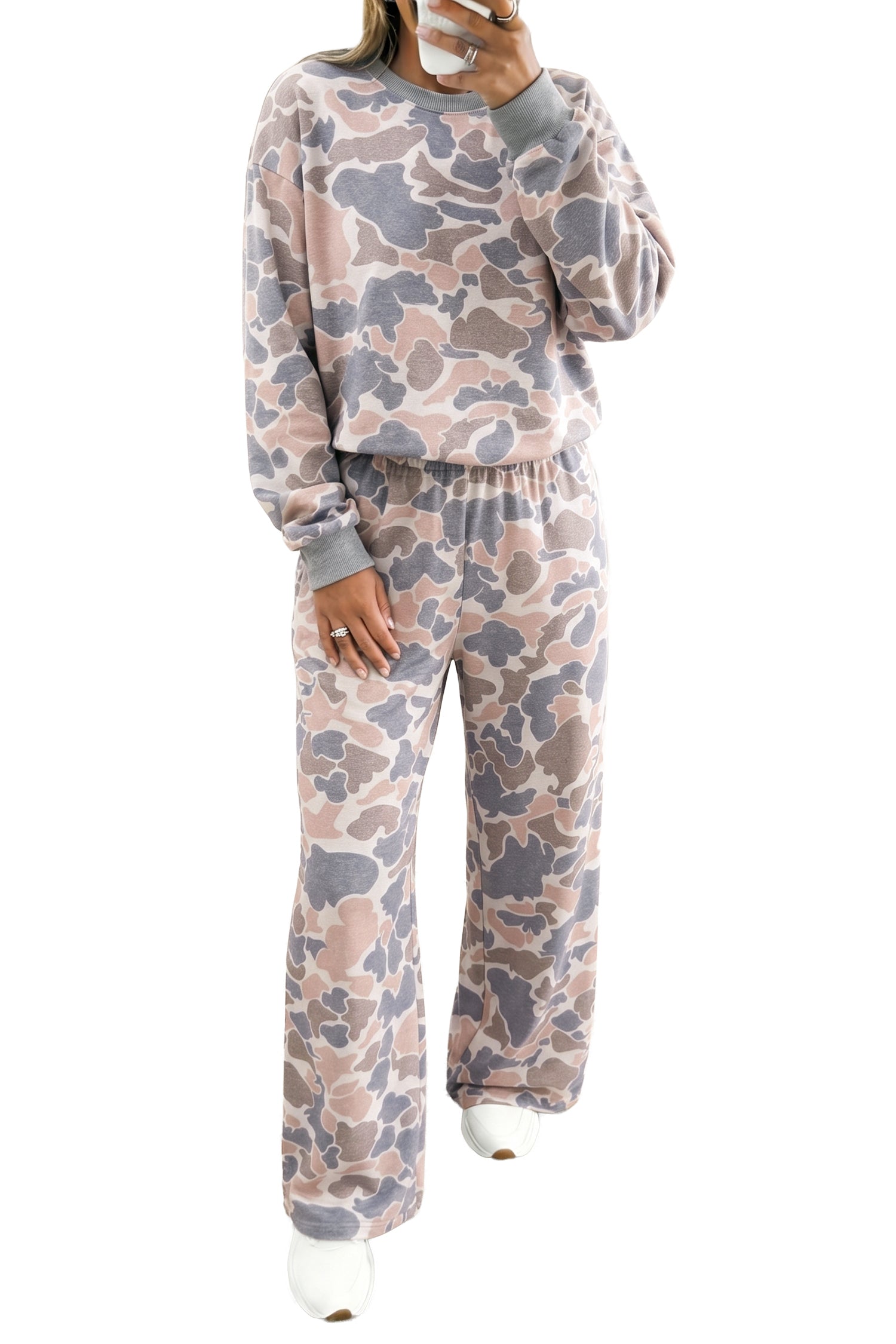 Camouflage Print Long Sleeve Top Loose 2pcs Pants Set – Multicolour